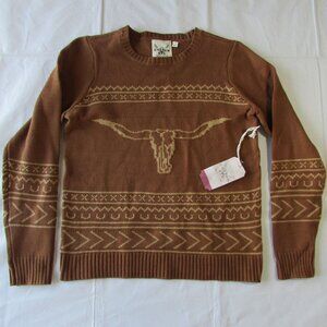 Cotton Rye Women's Long Sleeve Steer Longhorn Knit Sweater Cinnamon